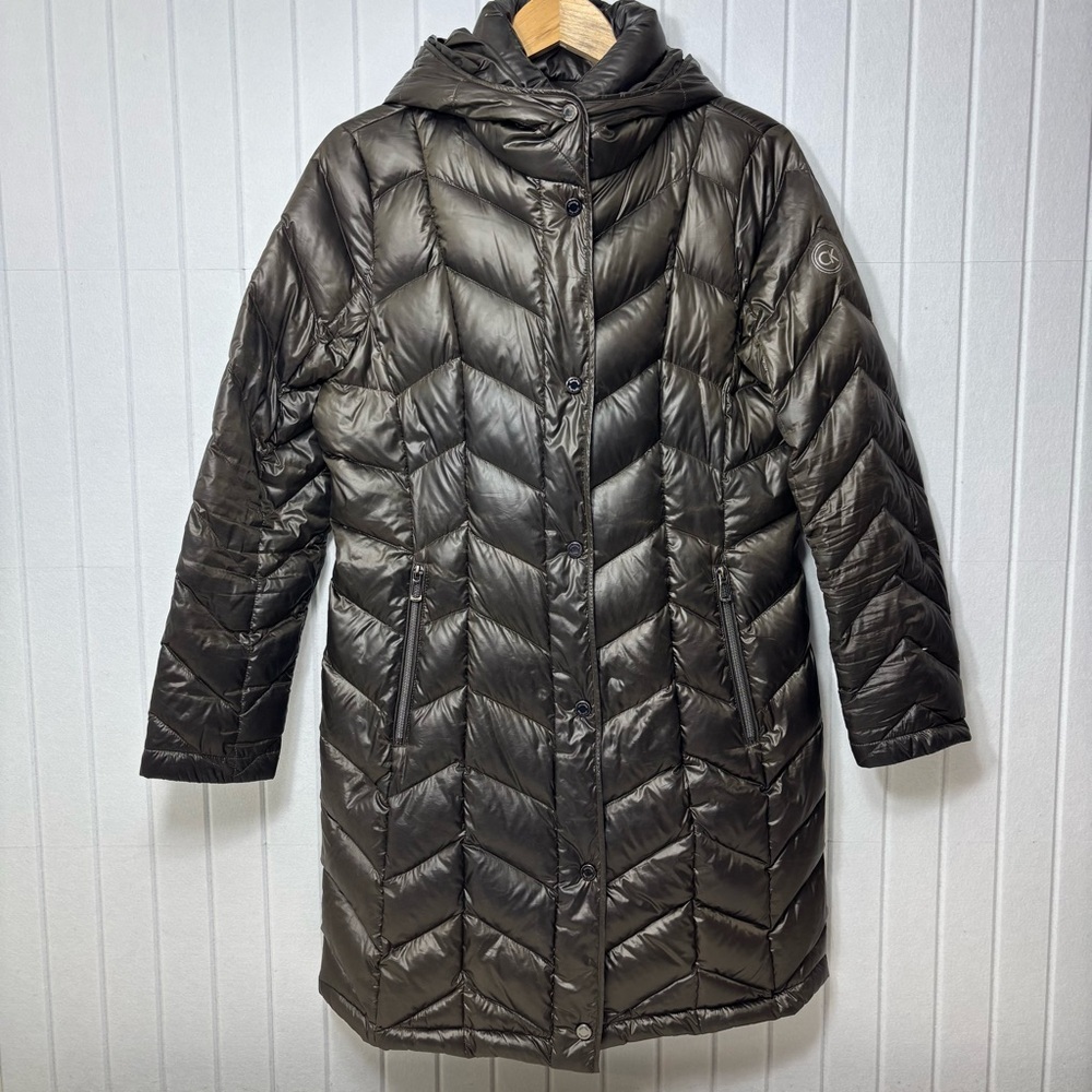 Calvin Klein Packable Down Brown Lightweight Puffer Hooded‎ Black Coat Size M